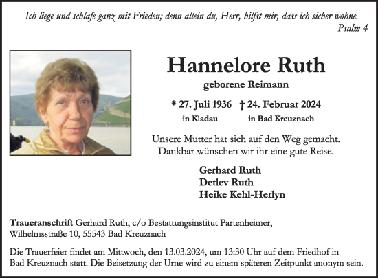 Traueranzeige von Hannelore Ruth von WochenSpiegel