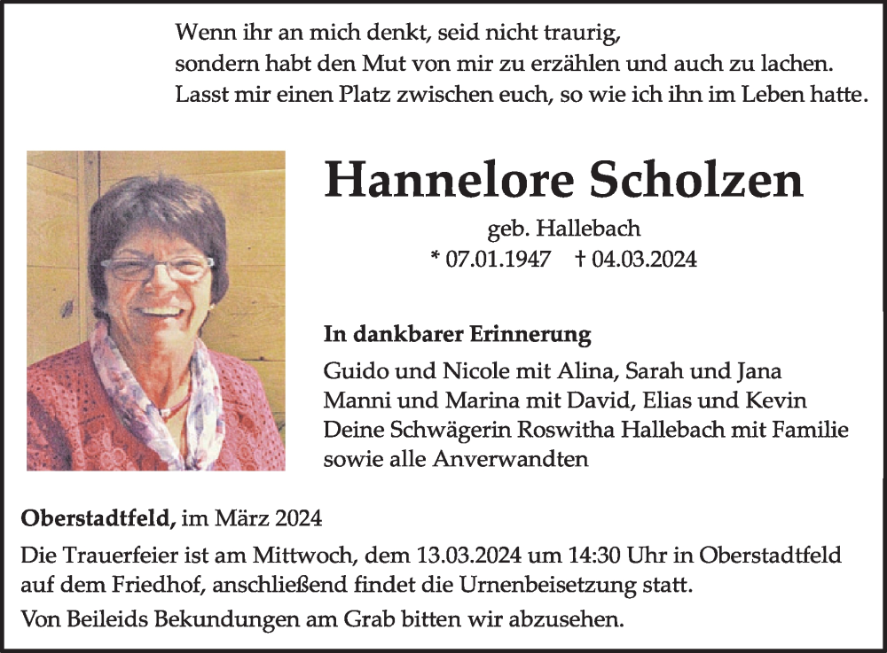  Traueranzeige für Hannelore Scholzen vom 09.03.2024 aus WochenSpiegel