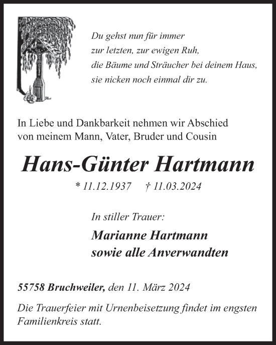 Traueranzeige von Hans-Günter Hartmann von WochenSpiegel