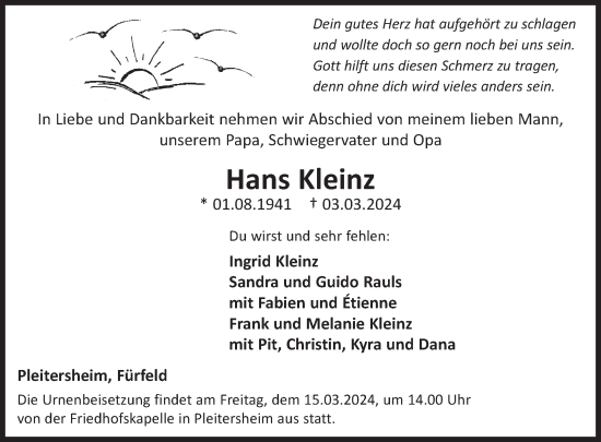 Traueranzeige von Hans Kleinz von WochenSpiegel