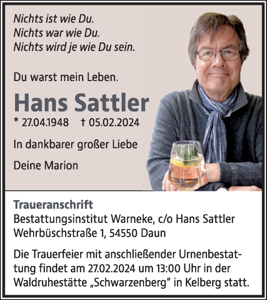 Traueranzeige von Hans Sattler von WochenSpiegel
