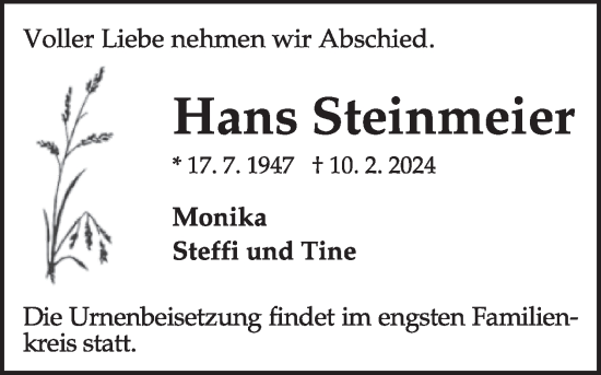 Traueranzeige von Hans Steinmeier von WochenSpiegel