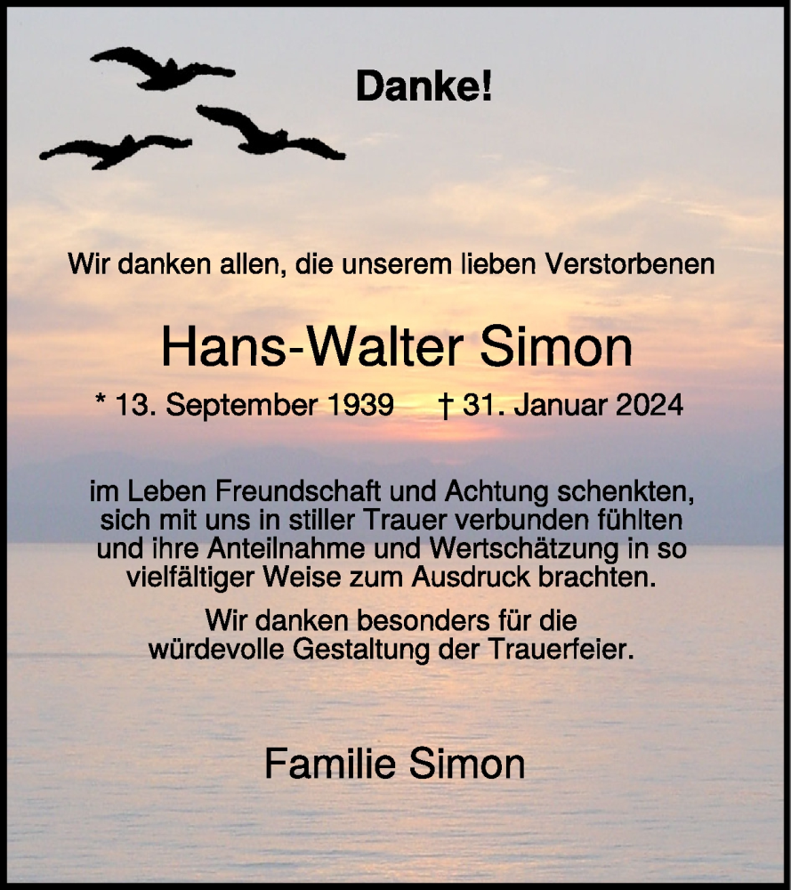  Traueranzeige für Hans-Walter Simon vom 27.03.2024 aus WochenSpiegel