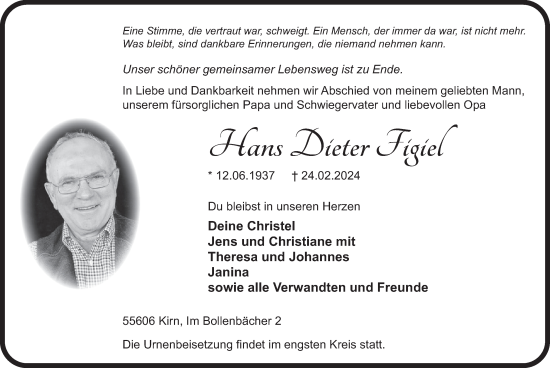 Traueranzeige von Hans Dieter Figiel von WochenSpiegel