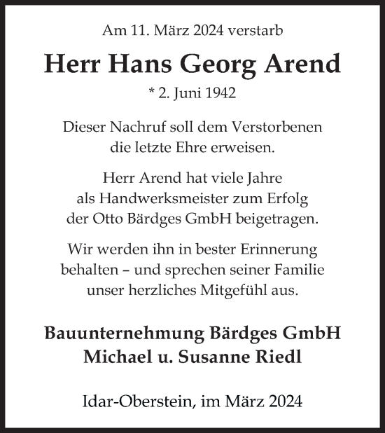 Traueranzeige von Hans Georg Arend von WochenSpiegel