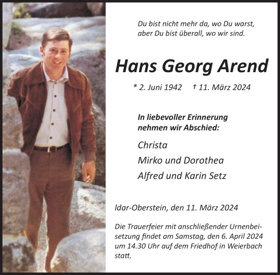 Traueranzeige von Hans Georg Arend von WochenSpiegel