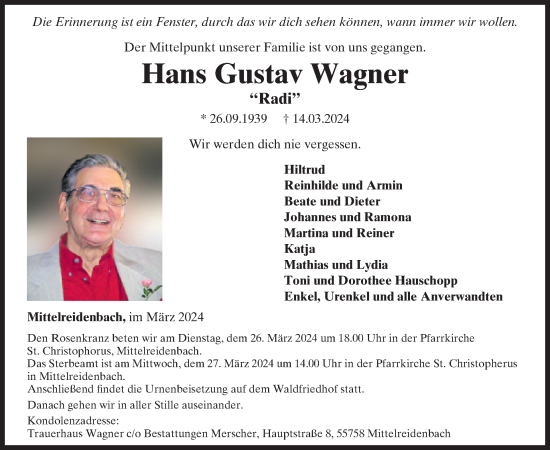 Traueranzeige von Hans Gustav Wagner von WochenSpiegel