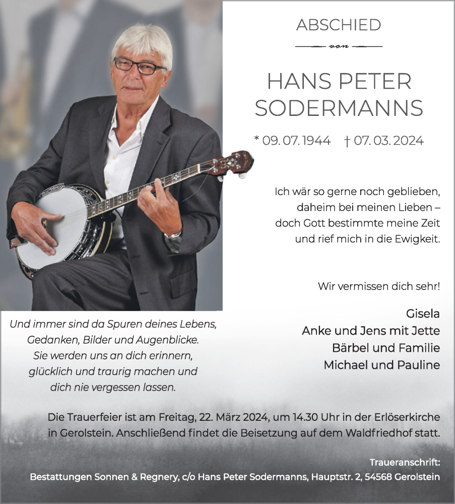  Traueranzeige für Hans Peter Sodermanns vom 16.03.2024 aus WochenSpiegel