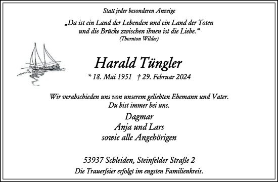 Traueranzeige von Harald Tüngler von WochenSpiegel