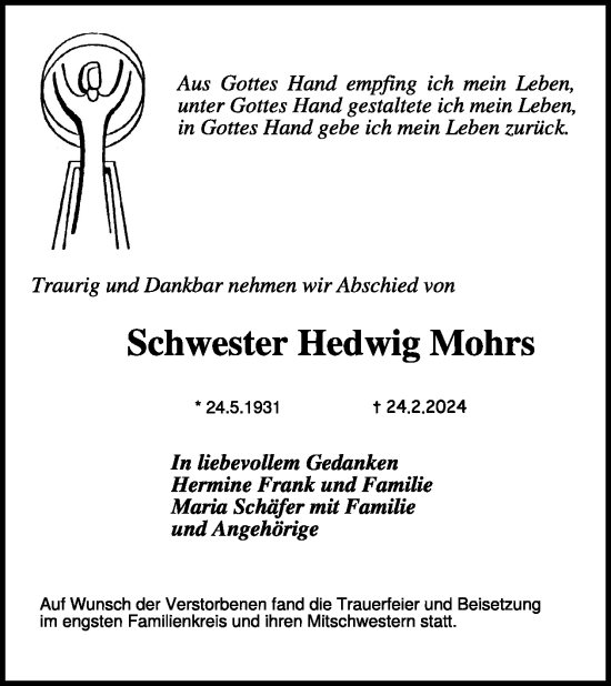 Traueranzeige von Hedwig Mohrs von WochenSpiegel