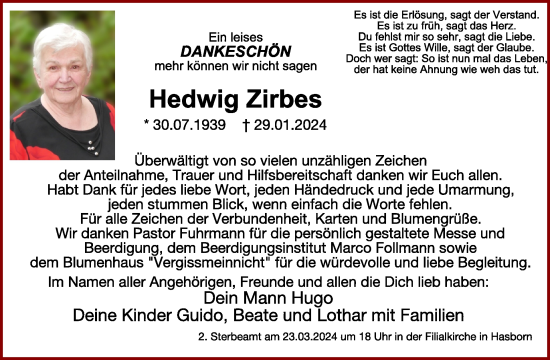 Traueranzeige von Hedwig Zirbes von WochenSpiegel