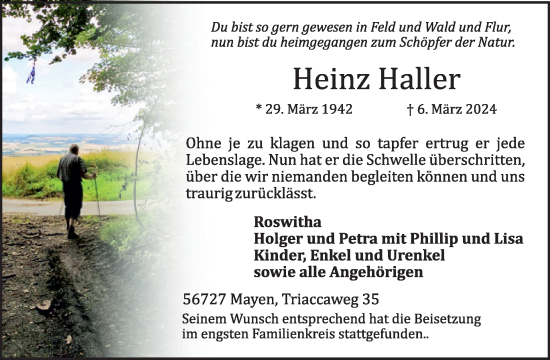 Traueranzeige von Heinz Haller von WochenSpiegel