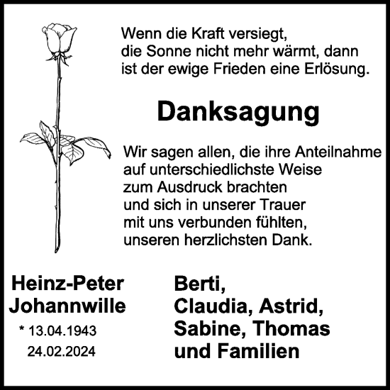 Traueranzeige von Heinz-Peter Johannwille von WochenSpiegel