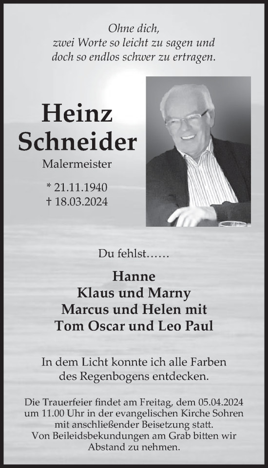 Traueranzeige von Heinz Schneider von WochenSpiegel