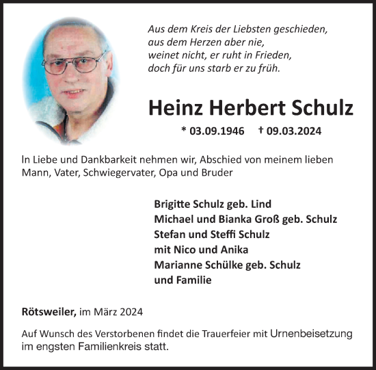 Traueranzeige von Heinz Herbert Schulz von WochenSpiegel