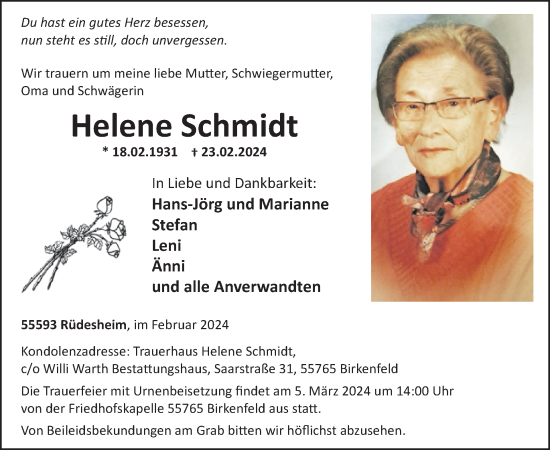 Traueranzeige von Helene Schmidt von WochenSpiegel