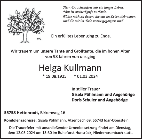 Traueranzeige von Helga Kullmann von WochenSpiegel