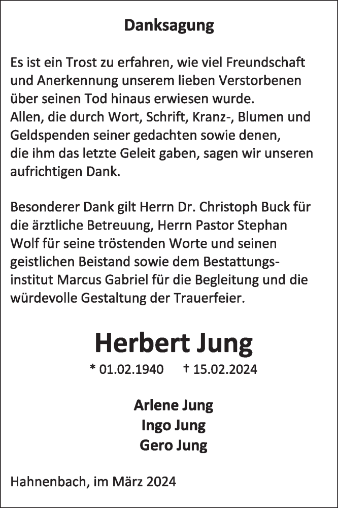  Traueranzeige für Herbert Jung vom 09.03.2024 aus WochenSpiegel