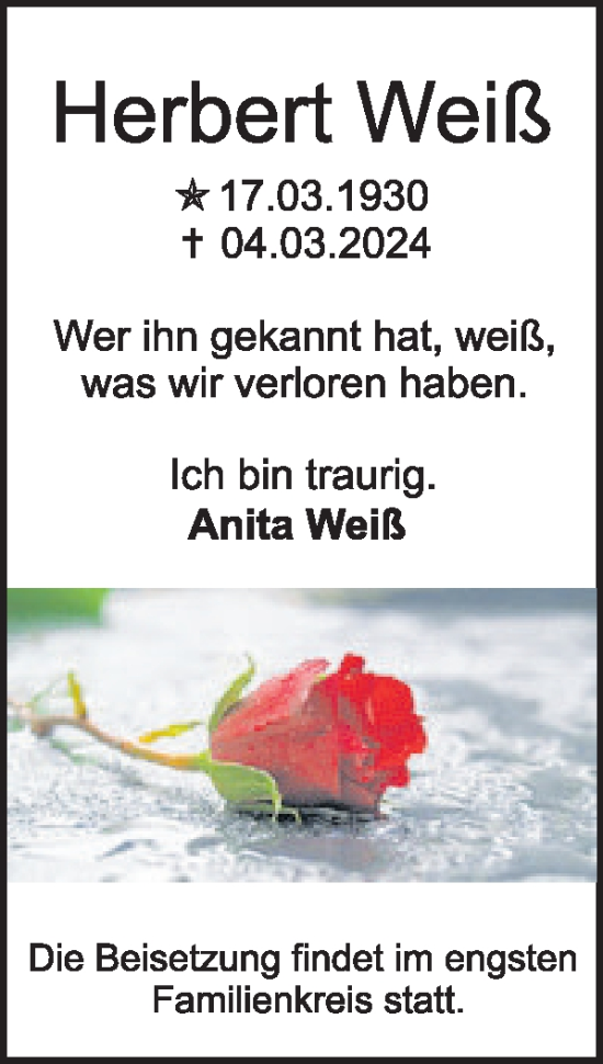 Traueranzeige von Herbert Weiß von WochenSpiegel