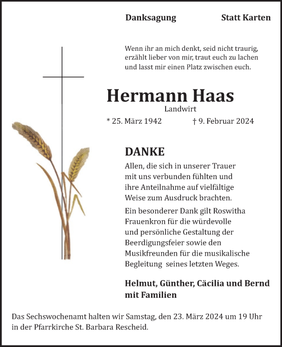 Traueranzeige von Hermann Haas von WochenSpiegel