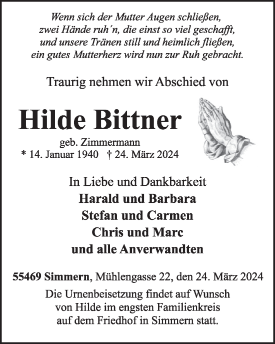 Traueranzeige von Hilde Bittner von WochenSpiegel