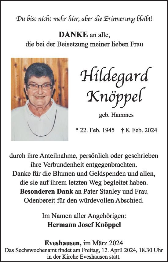 Traueranzeige von Hildegard Knöppel von WochenSpiegel