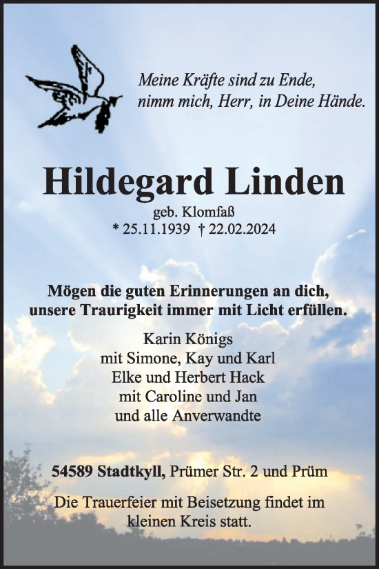 Traueranzeige von Hildegard Linden von WochenSpiegel