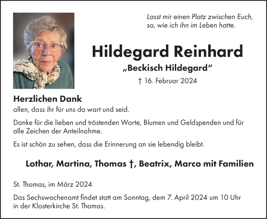 Traueranzeige von Hildegard Reinhard von WochenSpiegel
