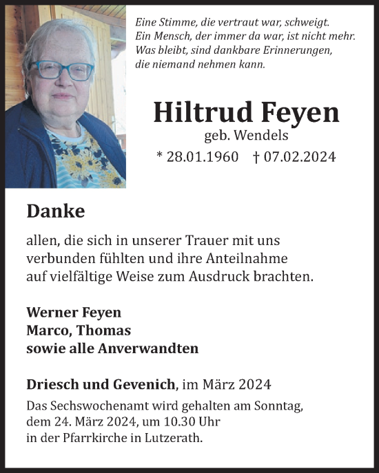 Traueranzeige von Hiltrud Feyen von WochenSpiegel