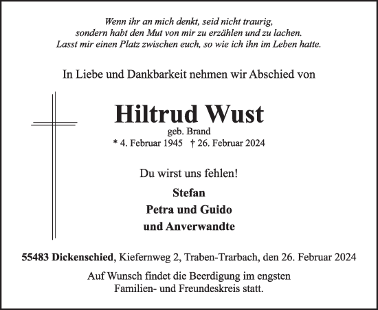 Traueranzeige von Hiltrud Wust von WochenSpiegel