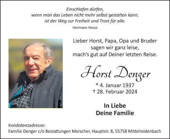 Traueranzeige von Horst Denger von WochenSpiegel
