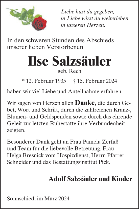 Traueranzeige von Ilse Salzsäuler von WochenSpiegel