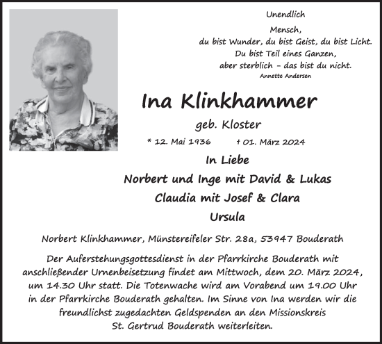 Traueranzeige von Ina Klinkhammer von WochenSpiegel