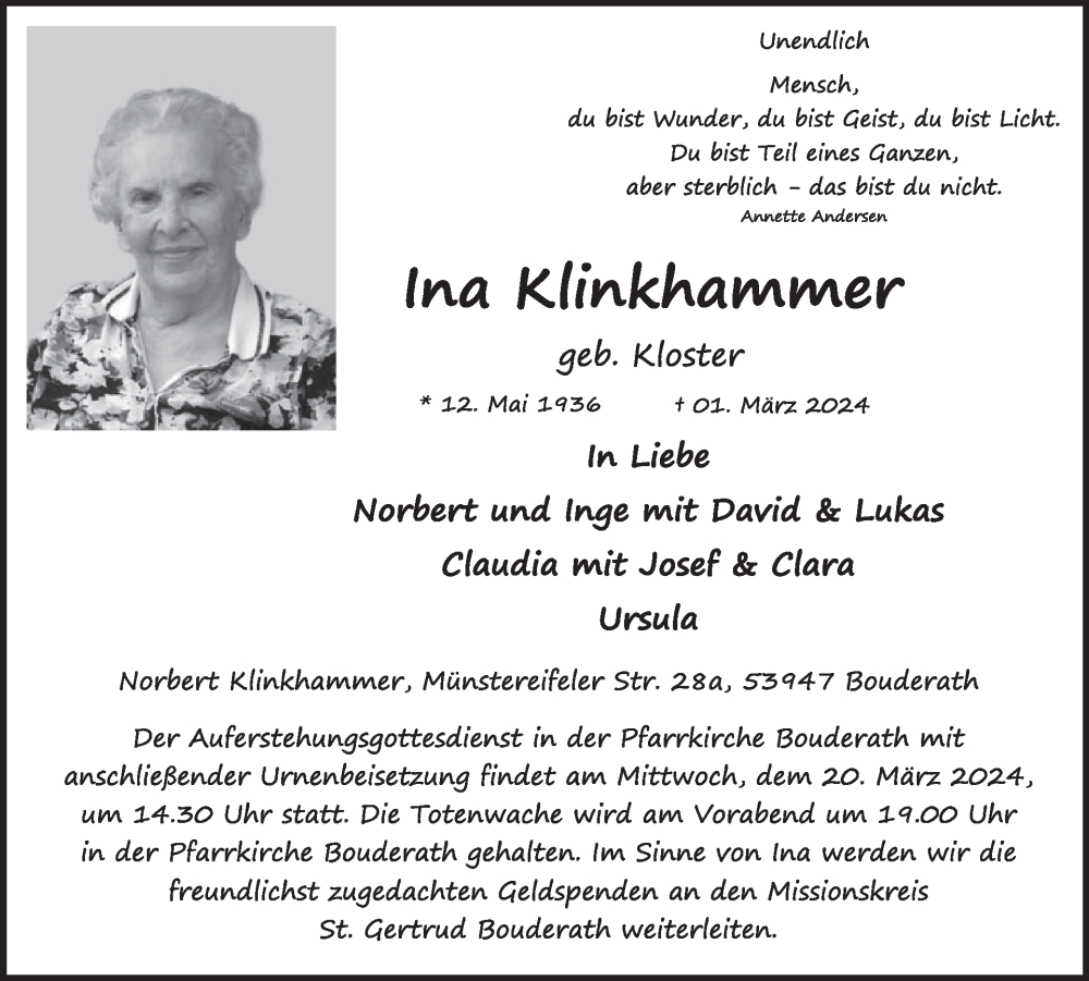  Traueranzeige für Ina Klinkhammer vom 13.03.2024 aus WochenSpiegel