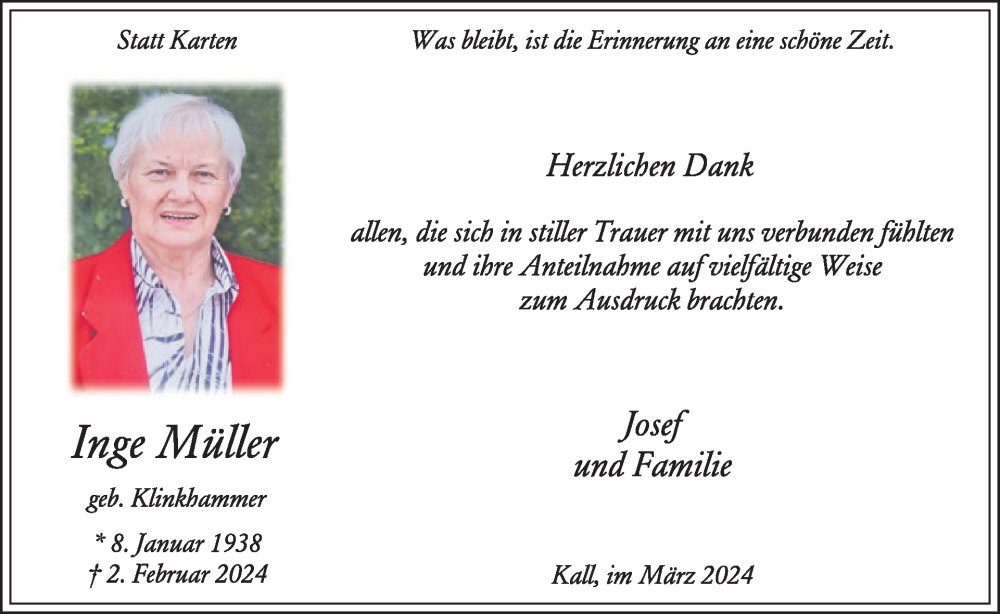  Traueranzeige für Inge Müller vom 13.03.2024 aus WochenSpiegel