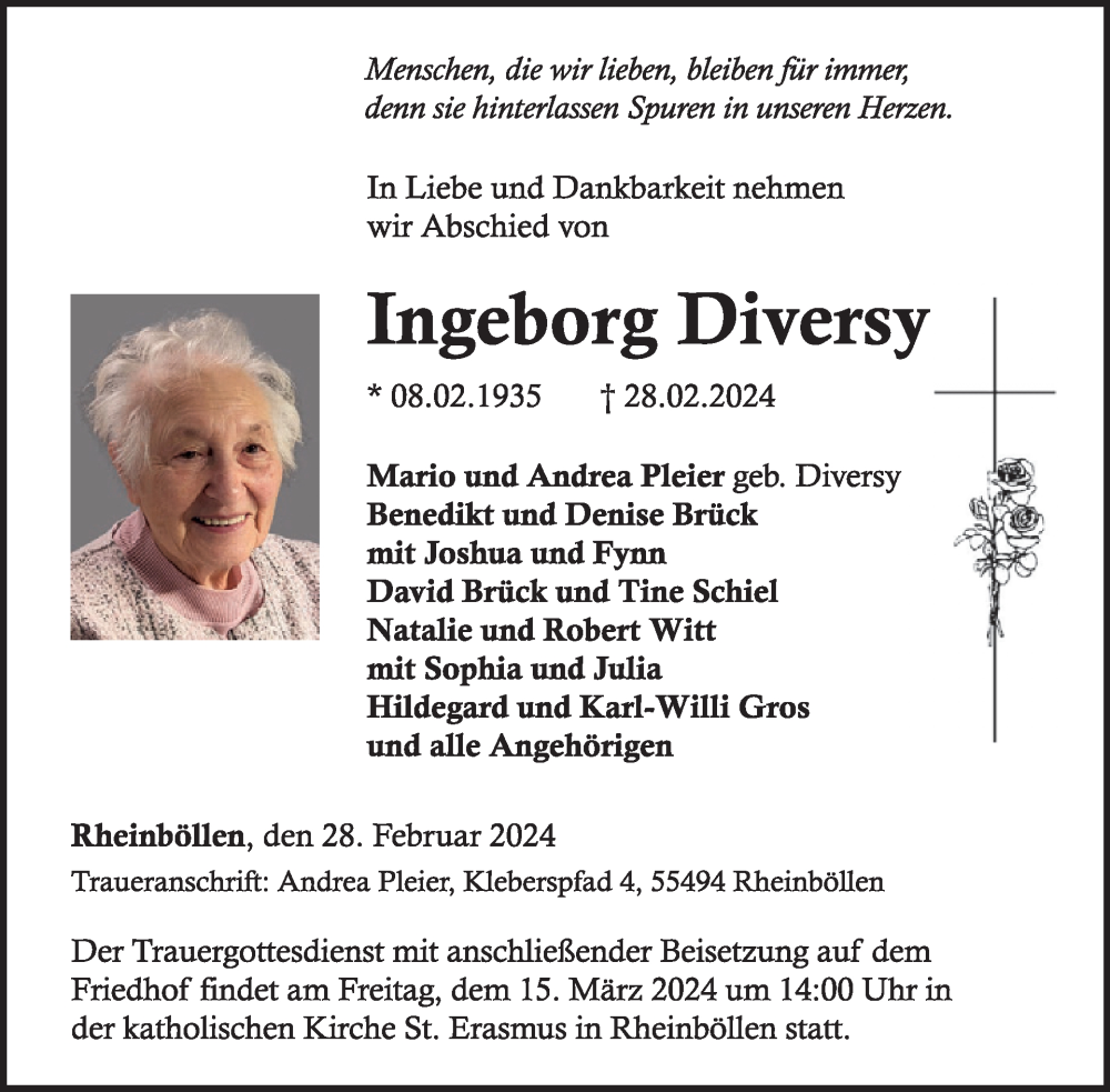  Traueranzeige für Ingeborg Diversy vom 09.03.2024 aus WochenSpiegel
