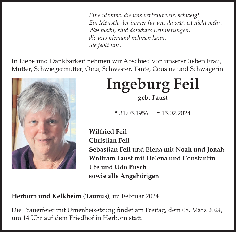  Traueranzeige für Ingeburg Feil vom 02.03.2024 aus WochenSpiegel