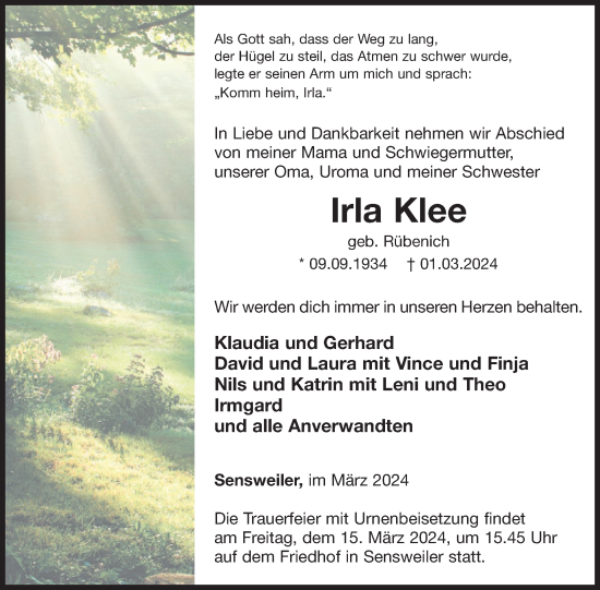 Traueranzeige von Irla Klee von WochenSpiegel
