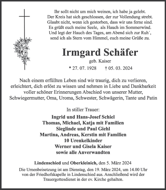 Traueranzeige von Irmgard Schäfer von WochenSpiegel