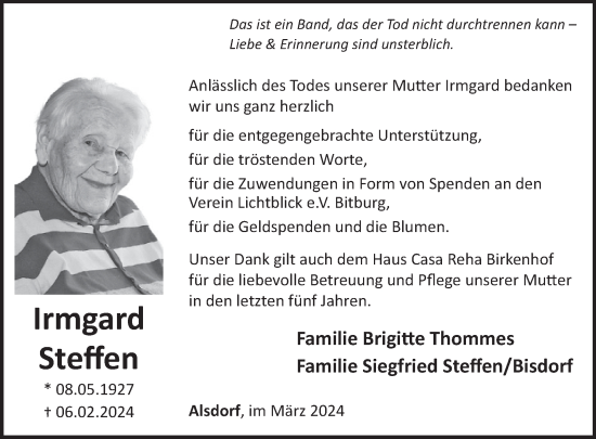 Traueranzeige von Irmgard Steffen von WochenSpiegel