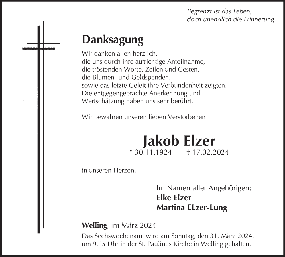  Traueranzeige für Jakob Elzer vom 20.03.2024 aus WochenSpiegel