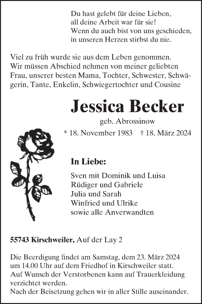  Traueranzeige für Jessica Becker vom 23.03.2024 aus WochenSpiegel