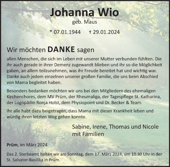 Traueranzeige von Johanna Wio von WochenSpiegel