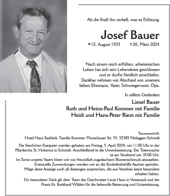 Traueranzeige von Josef Bauer von WochenSpiegel