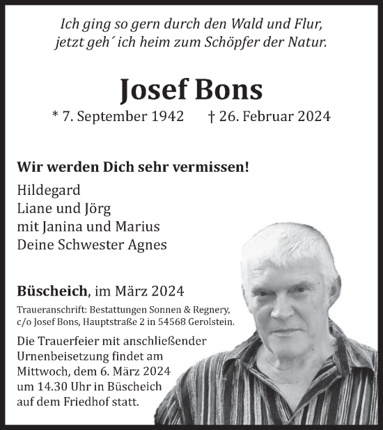 Traueranzeige von Josef Bons von WochenSpiegel