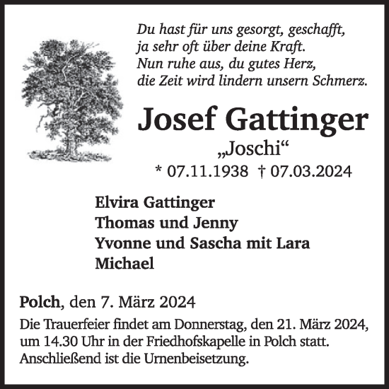 Traueranzeige von Josef Gattinger von WochenSpiegel