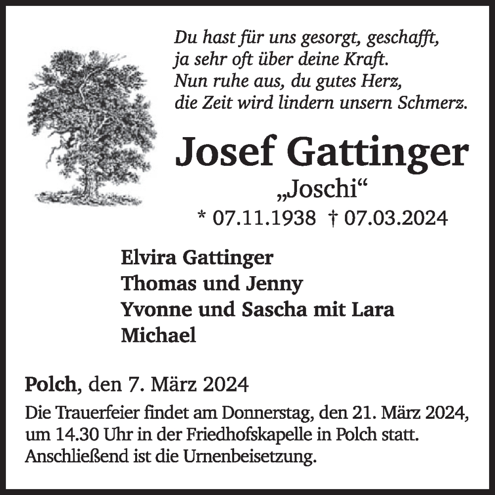  Traueranzeige für Josef Gattinger vom 13.03.2024 aus WochenSpiegel