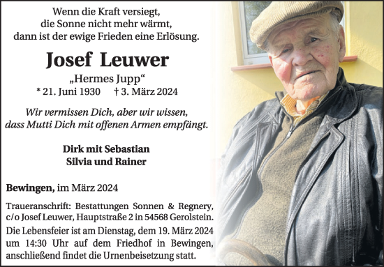 Traueranzeige von Josef Leuwer von WochenSpiegel