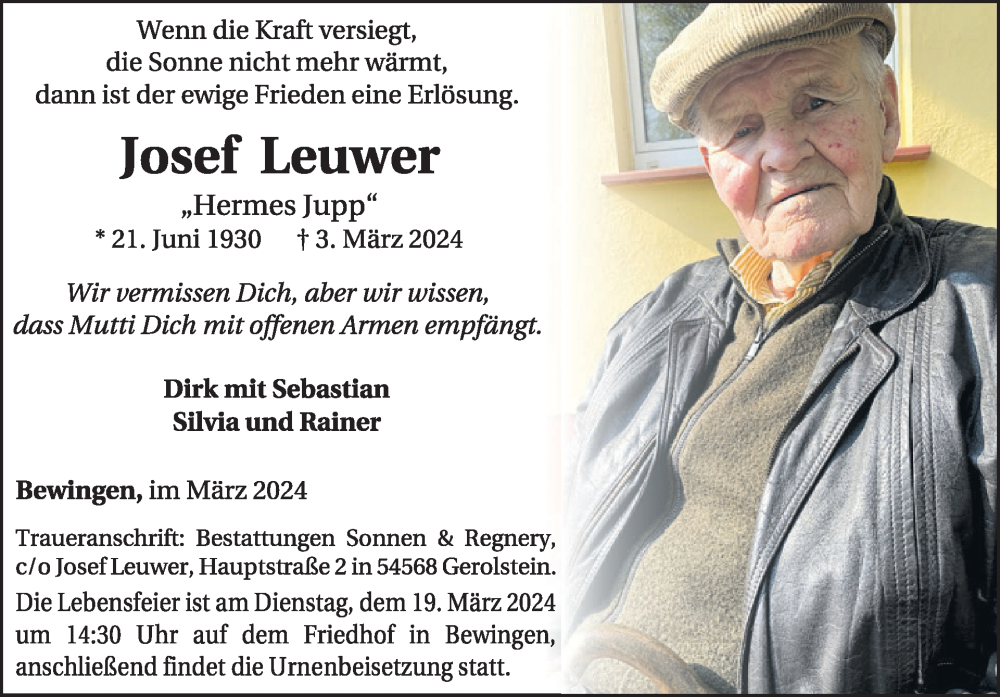  Traueranzeige für Josef Leuwer vom 16.03.2024 aus WochenSpiegel