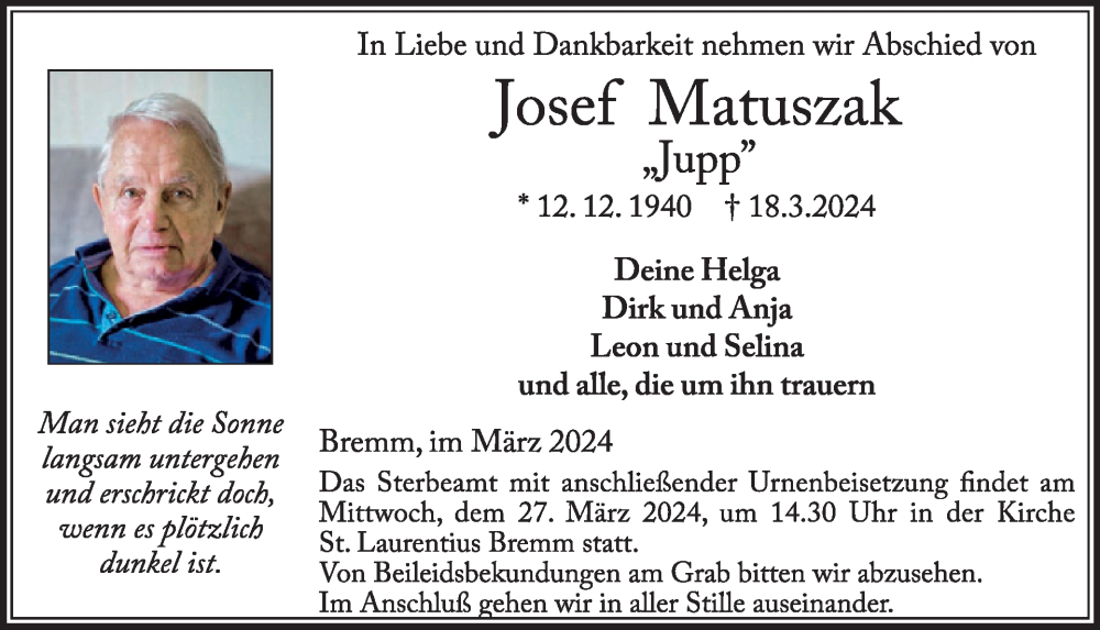  Traueranzeige für Josef Matuszak vom 27.03.2024 aus WochenSpiegel